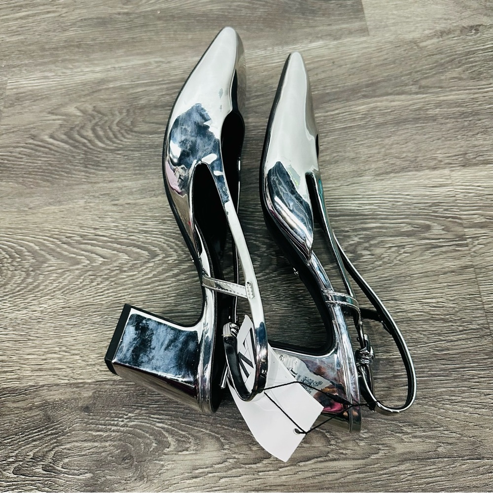 Zara NWT Metallic Silver Block Heel Slingback Heels Size 40 - Picture 10 of 13